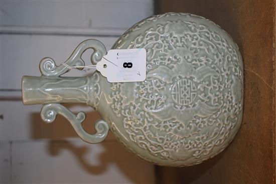 Chinese moulded and celadon glazed moonflask, Yongzheng mark but later, 24.2cm(-)